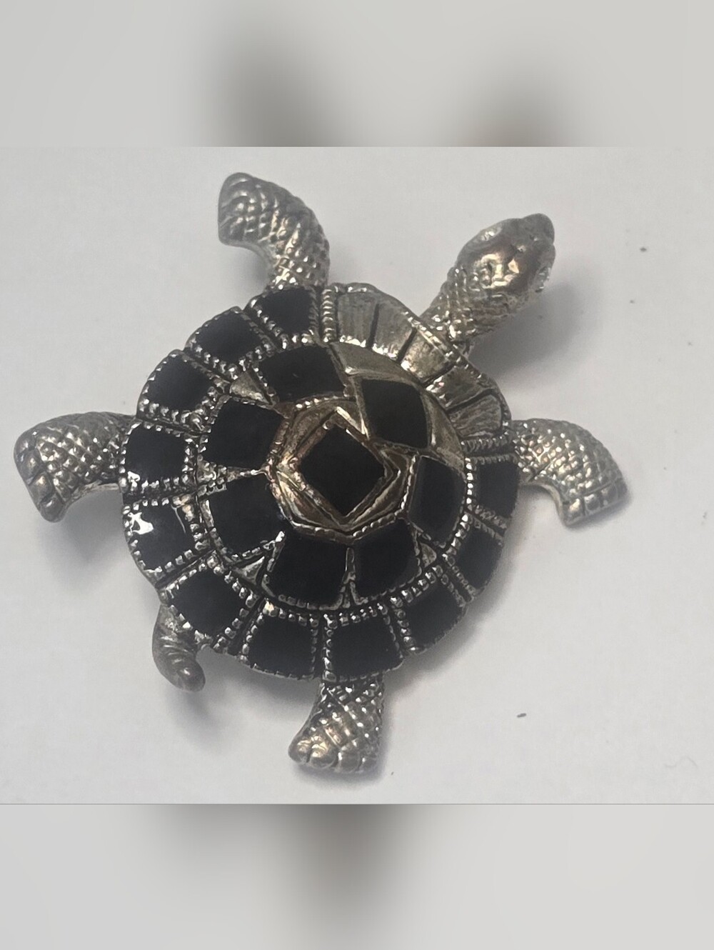 Vintage Silver Tone Black Turtle Brooch